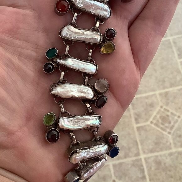 Sterling SILVER 925 MOTHER OF PEARL/MULTICOLOR GEMSTONE GORGEOUS BRACELET​​ - Picture 2 of 8